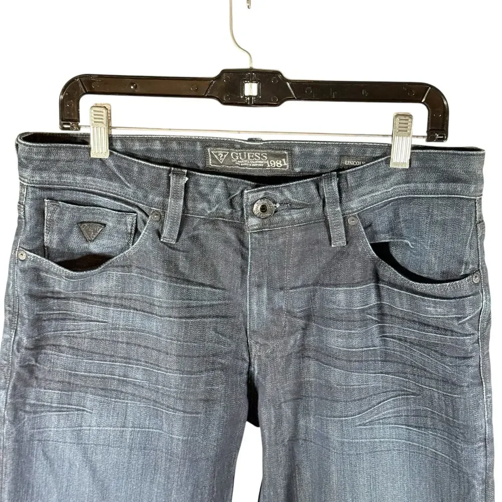 Guess Men's 33x30 Dark Blue Wash Lincoln Slim Straight Fit Cotton Blend Jeans